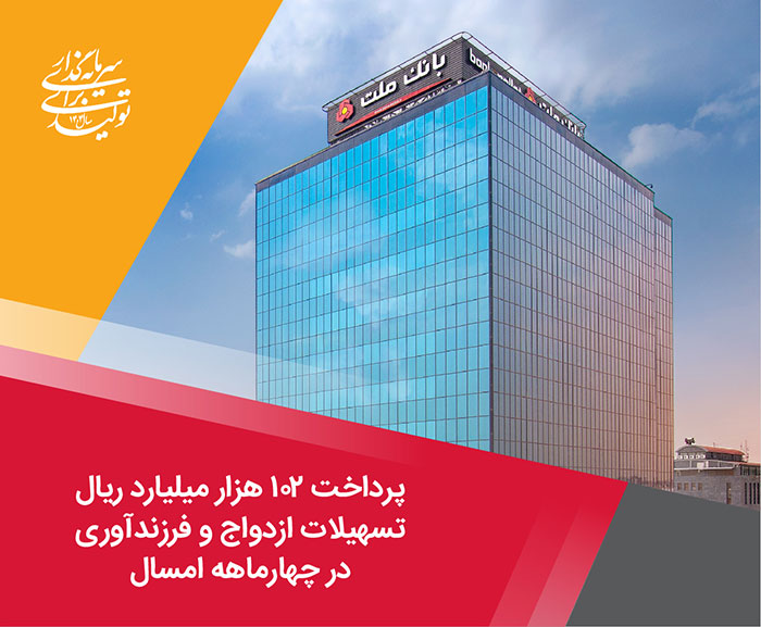 پرداخت ۱۰۲ هزار میلیارد ریال تسهیلات ازدواج و فرزندآوری توسط بانک ملت در چهارماهه امسال پرداخت ۱۰۲ هزار میلیارد ریال تسهیلات ازدواج و فرزندآوری توسط بانک ملت در چهارماهه امسال